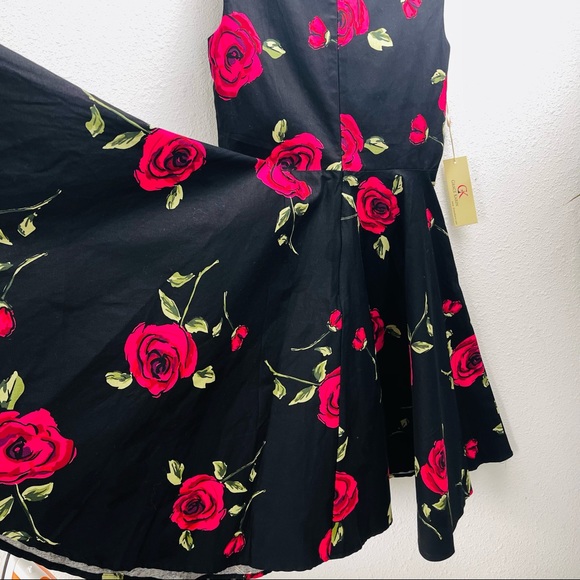 Grace Karin pink roses floral dress in black color scoop neck bouffant circular - Picture 4 of 7